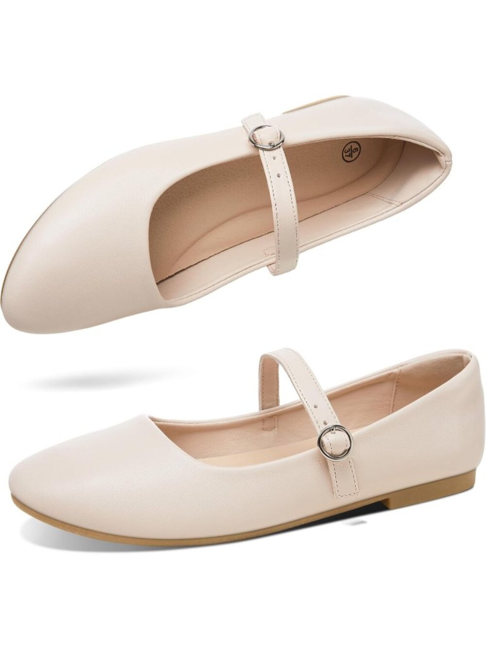 Women's Nude PU Leather Mary Jane Round Toe Ballet Flats Casual Office Shoes